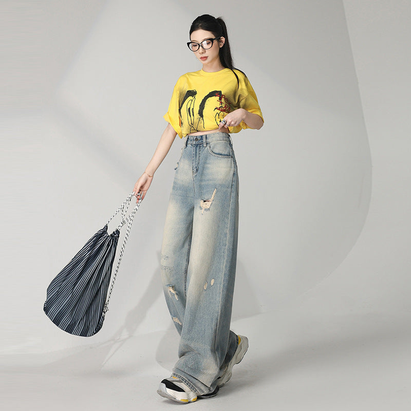 Distressed Washed Ripped Jeans for Women - Loose High Waist Slim Wide Leg Floor-Length Pants