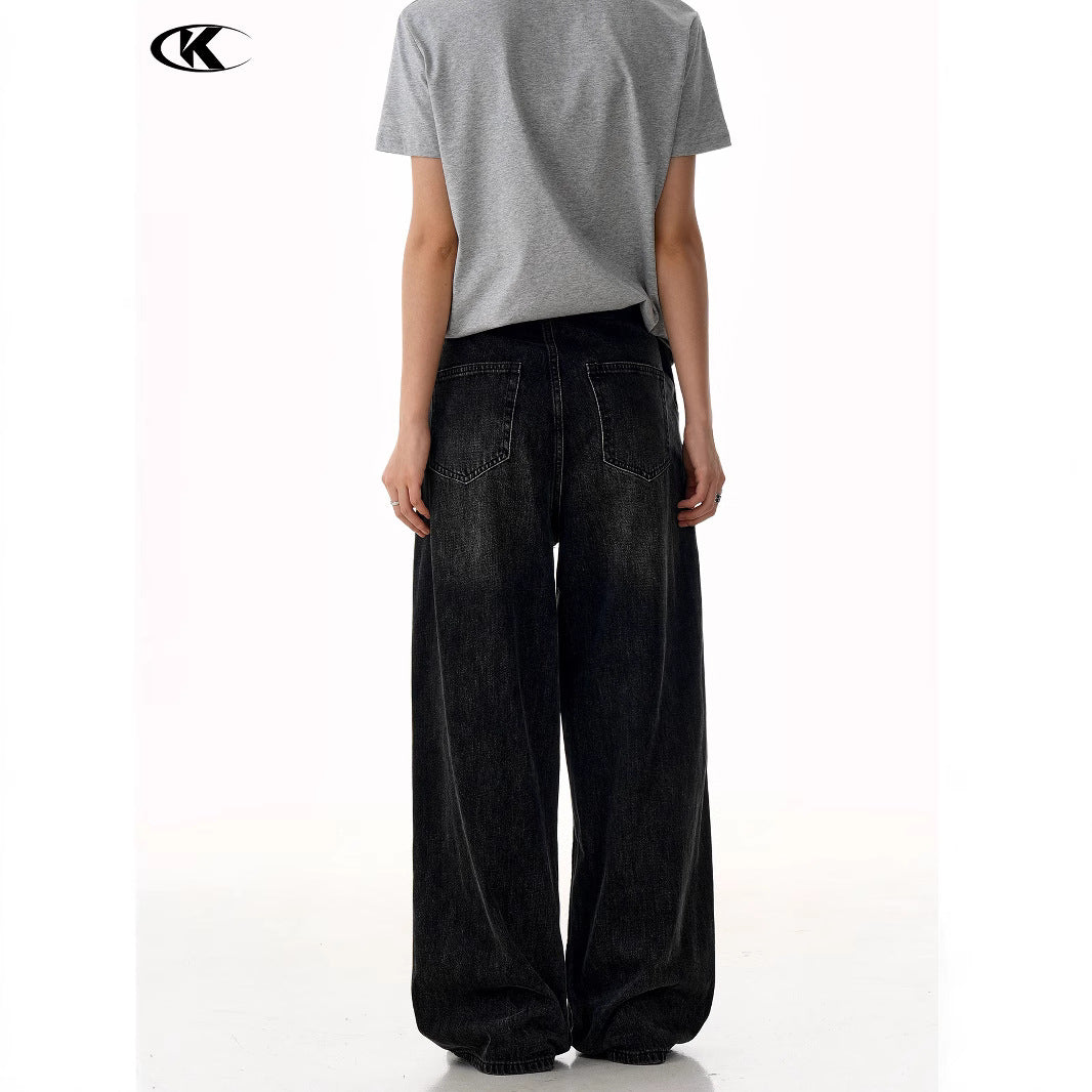 Washed Loose Fit Dark Destroyed Straight Leg Wide Leg Casual Long Pants