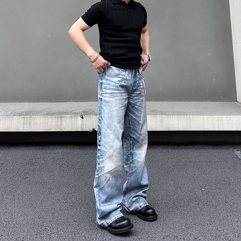 Chain Pendant Printed Jeans for Men - Summer Loose Straight Leg Wide Leg Pants