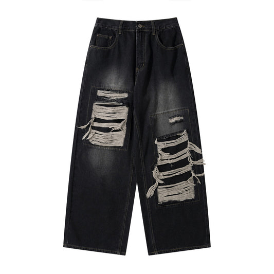 Retro Patchwork Distressed Design Unique Denim Pants Unisex  Loose Straight Leg Trousers