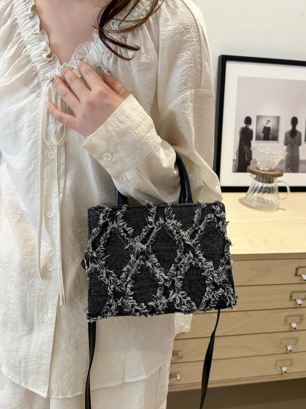 Quality Raw Hem Denim and PU Leather Handbag