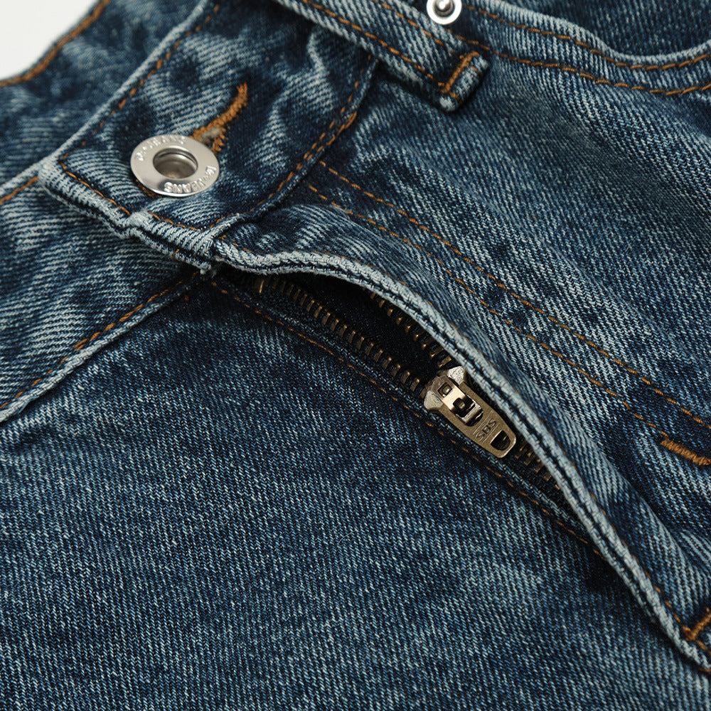 Punched And Washed Denim Straight Leg Jeans Mid Waist Blue