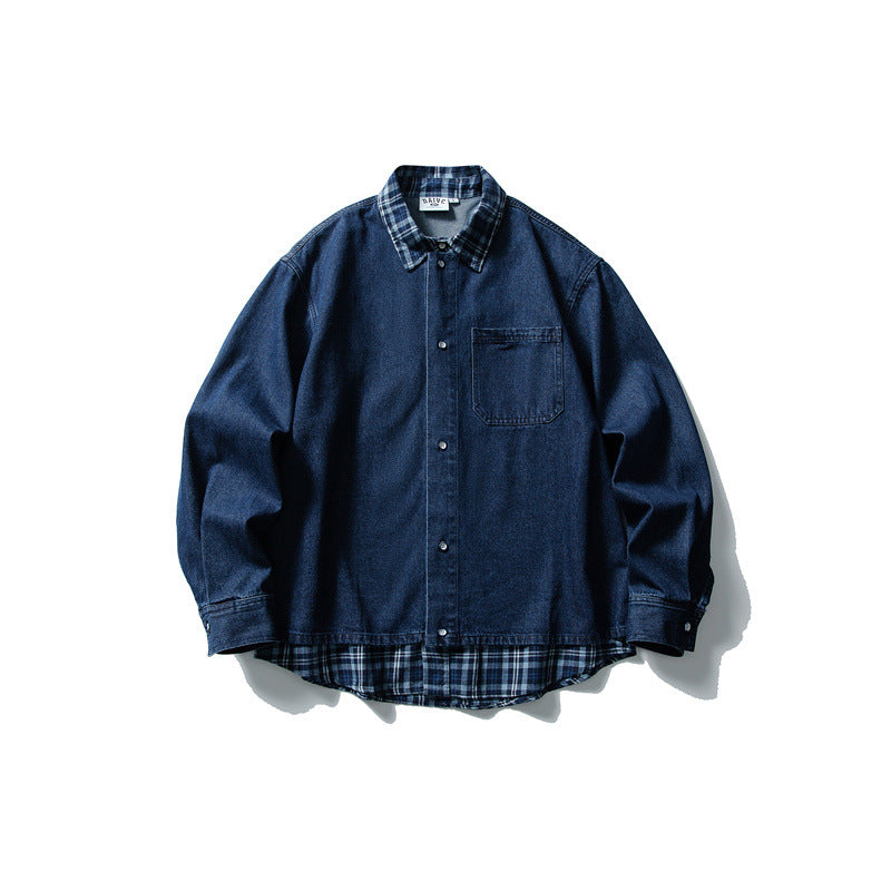 Color-Blocked Plaid Patchwork Faux Two-Layer Denim Shirts