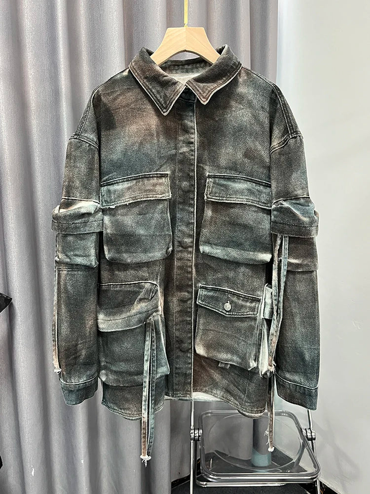 Patchwork Pockets Casual Denim Coats for Women - Colorblock Streetwear