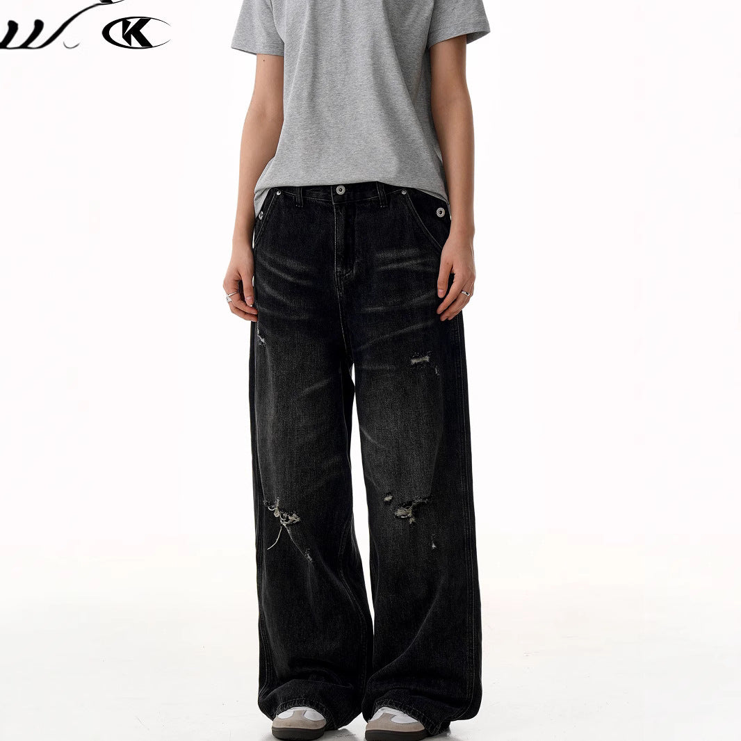 Washed Loose Fit Dark Destroyed Straight Leg Wide Leg Casual Long Pants