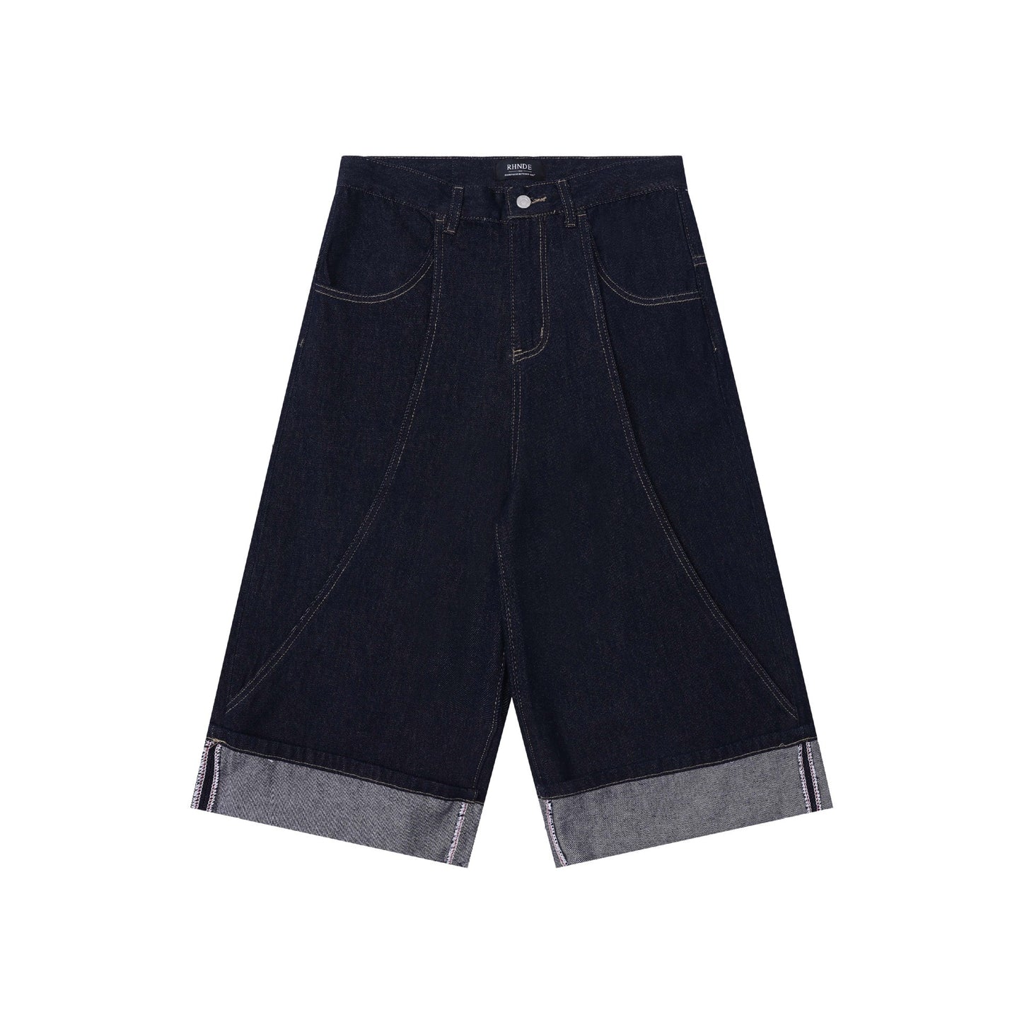 Spliced Hem Denim Shorts - Unisex Loose Fit