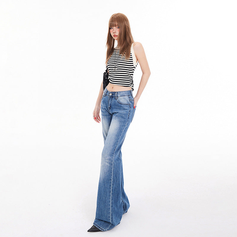Women's Low Waist Flared Denim Pants - Wide Leg Trumpet Pants