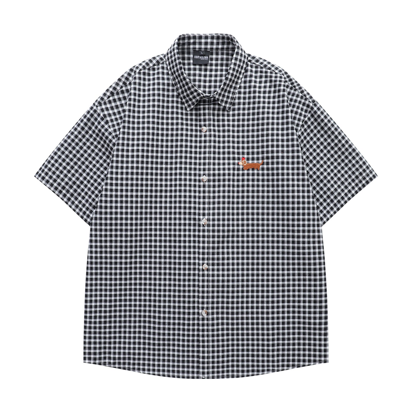 Retro Sausage Dog Embroidered Plaid Short Sleeve Shirt for Men and Women