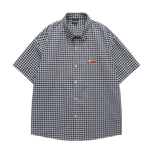 Retro Sausage Dog Embroidered Plaid Short Sleeve Shirt for Men and Women