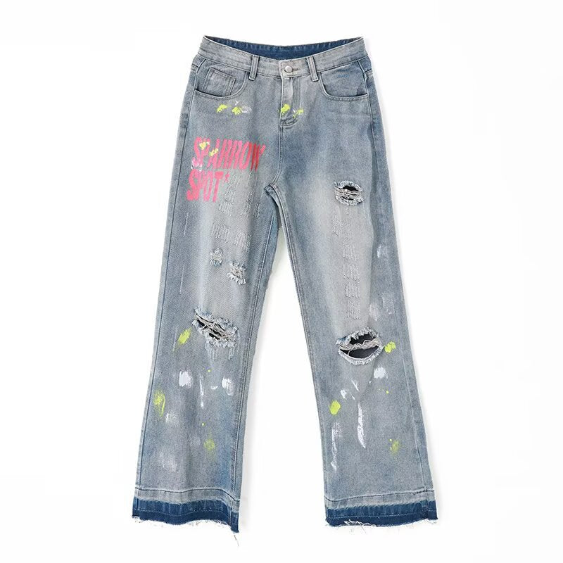 Retro Washed Graffiti Ripped Jeans - Loose Wide Leg Pants