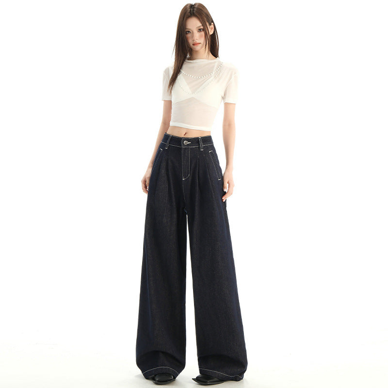 Women's Mint Blue High-Waisted Loose Pleated Denim Straight Leg Wide-Leg Pants