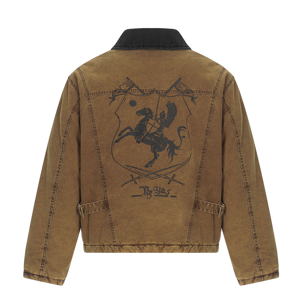 Men's Streetwear Cotton Coat, Turn-Down Collar, Distressed Patchwork Design