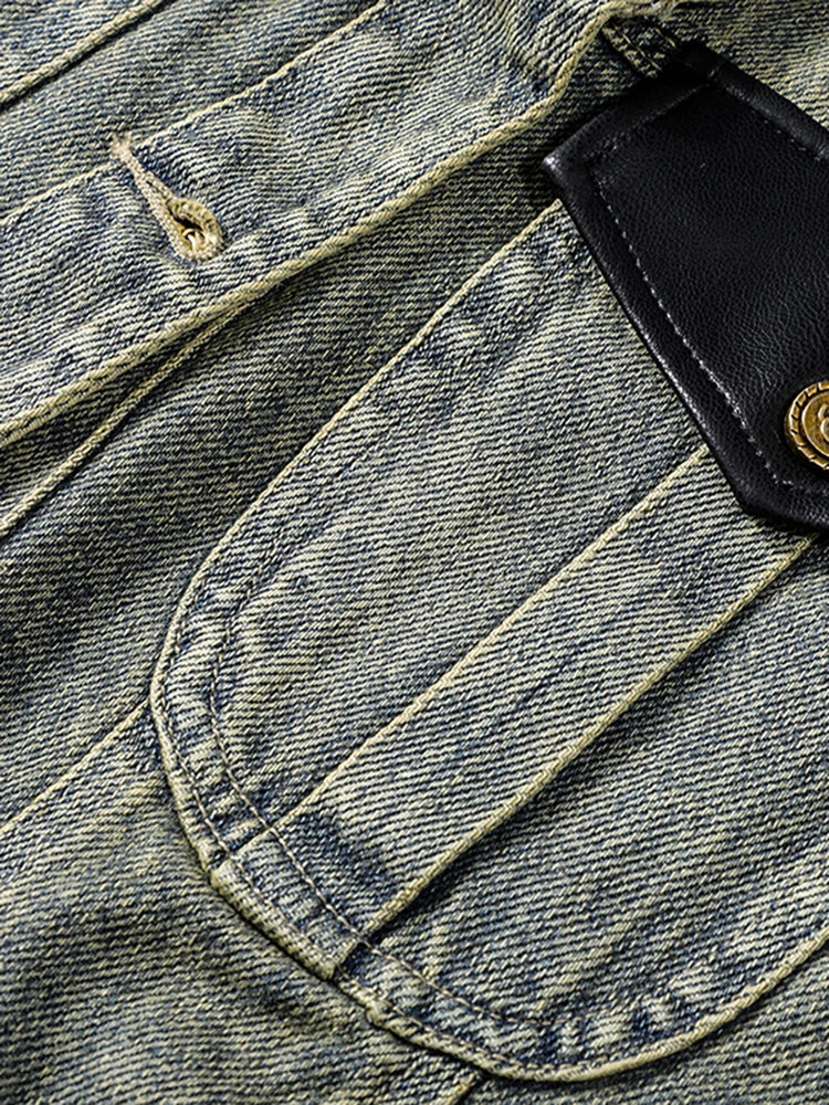 Asymmetric Denim Biker Jacket for Women with Patchwork and PU Leather