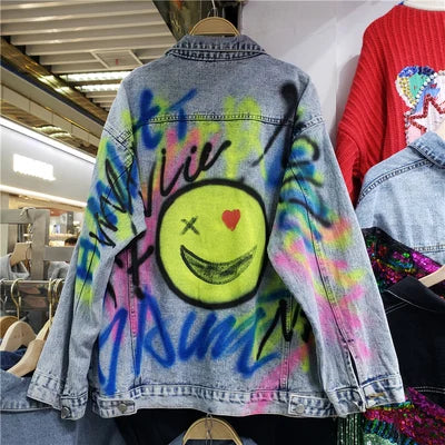 Women's Denim Jacket - Streetwear Loose Fit Graffiti Jeans Coat with Pockets