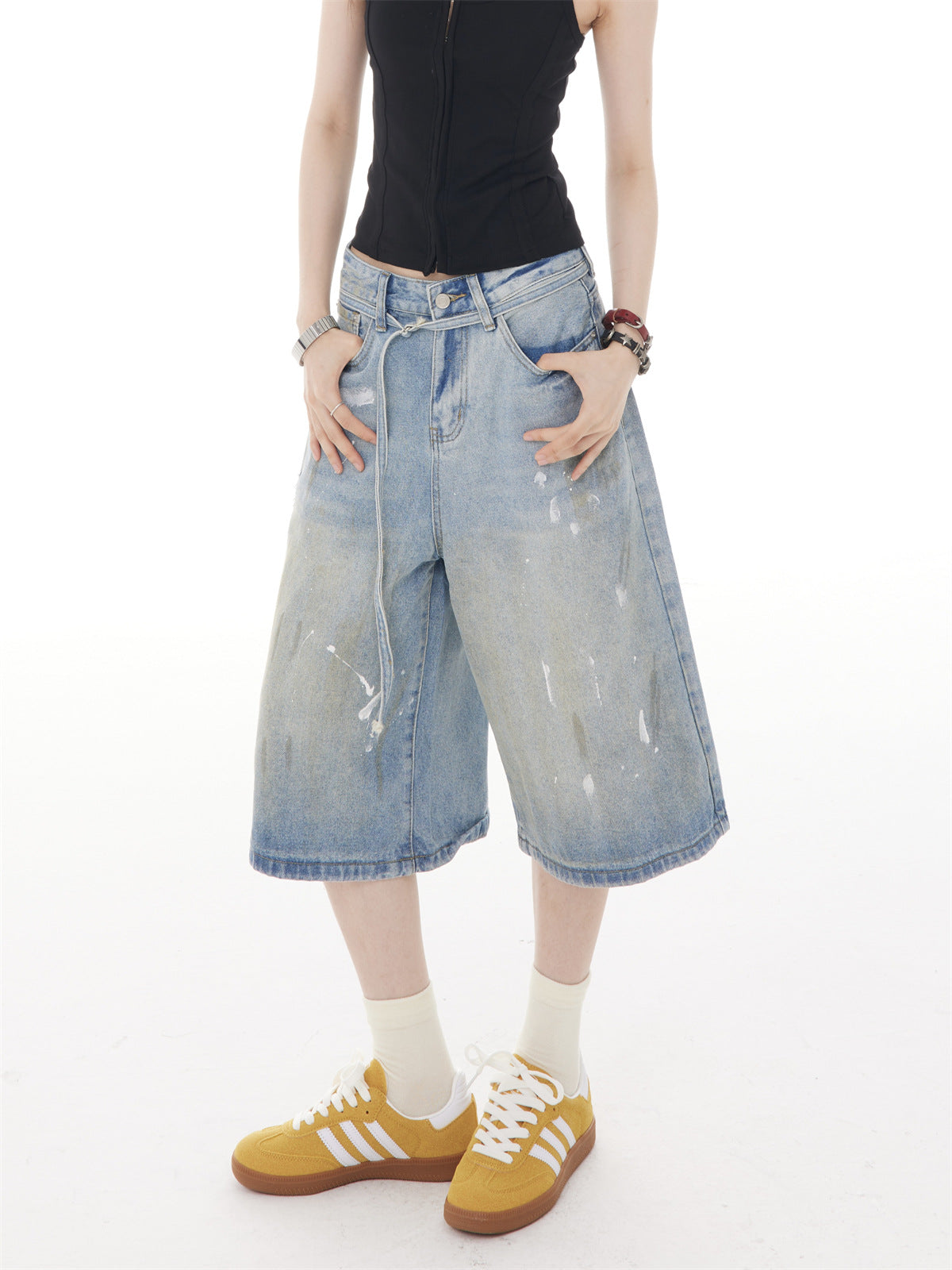 Retro Splashed Ink Design Denim Cropped Shorts