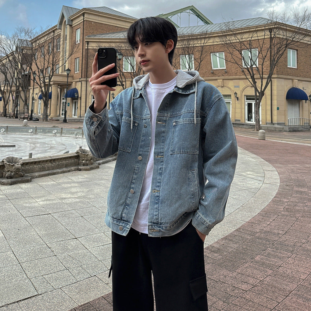 Casual Men's Hooded Denim Jacket with False Two-Piece Design Loose Fit Commuter Vintage Look