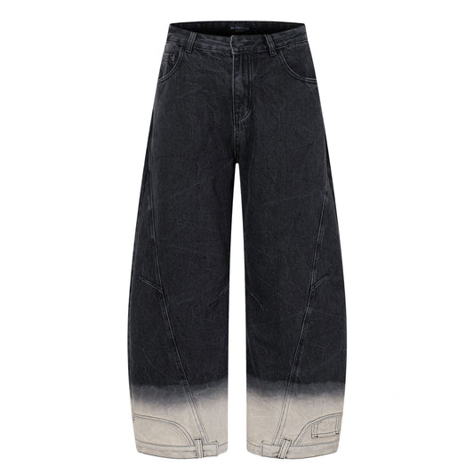 Hanging Dye Washed Gradient Color Jeans with Curved Blade Wide Leg Pants