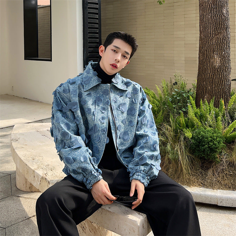 Large Blue 3D Denim Jacket with Lapel for Women