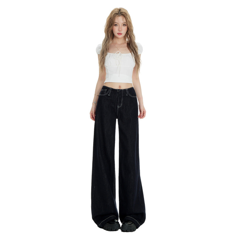 Women's Denim Wide-Leg Jeans - Low-Waist Loose Slim Straight Ankle-Length Pants
