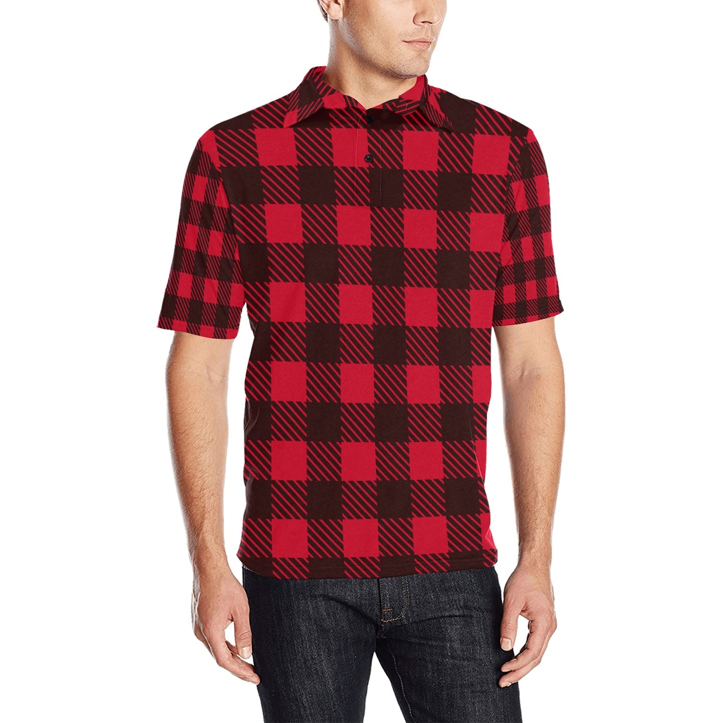 Red Black Lumberjack Checkered Men's All Over Print Polo Shirt