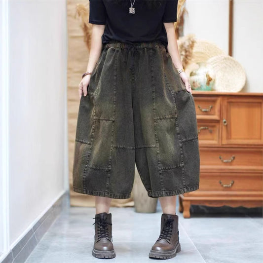 Vintage Washed Slimming Denim Trousers for Women - Loose Fit Straight Leg Three-Quarter Pants