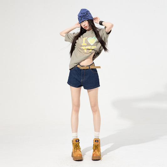 Retro Dark Blue Denim Shorts for Women - High Waist A-line Straight Leg Slim Hot Pants