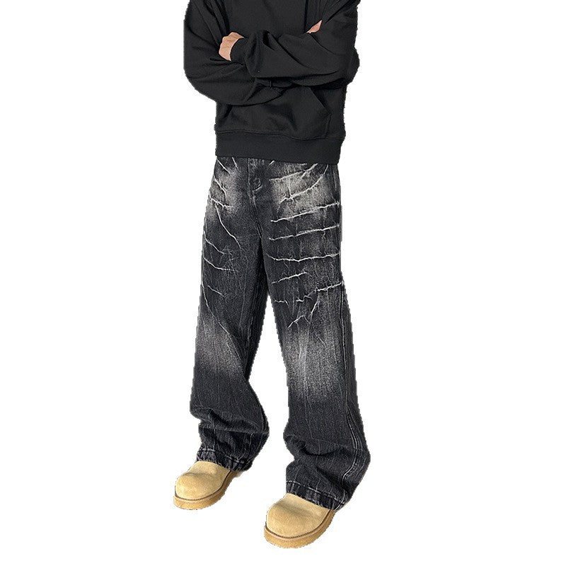 Vintage Washed Lightning Patterned Jeans for Men