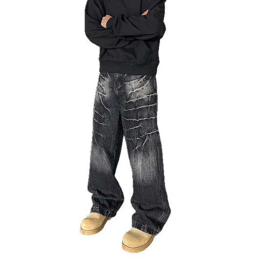 Vintage Washed Lightning Patterned Jeans for Men