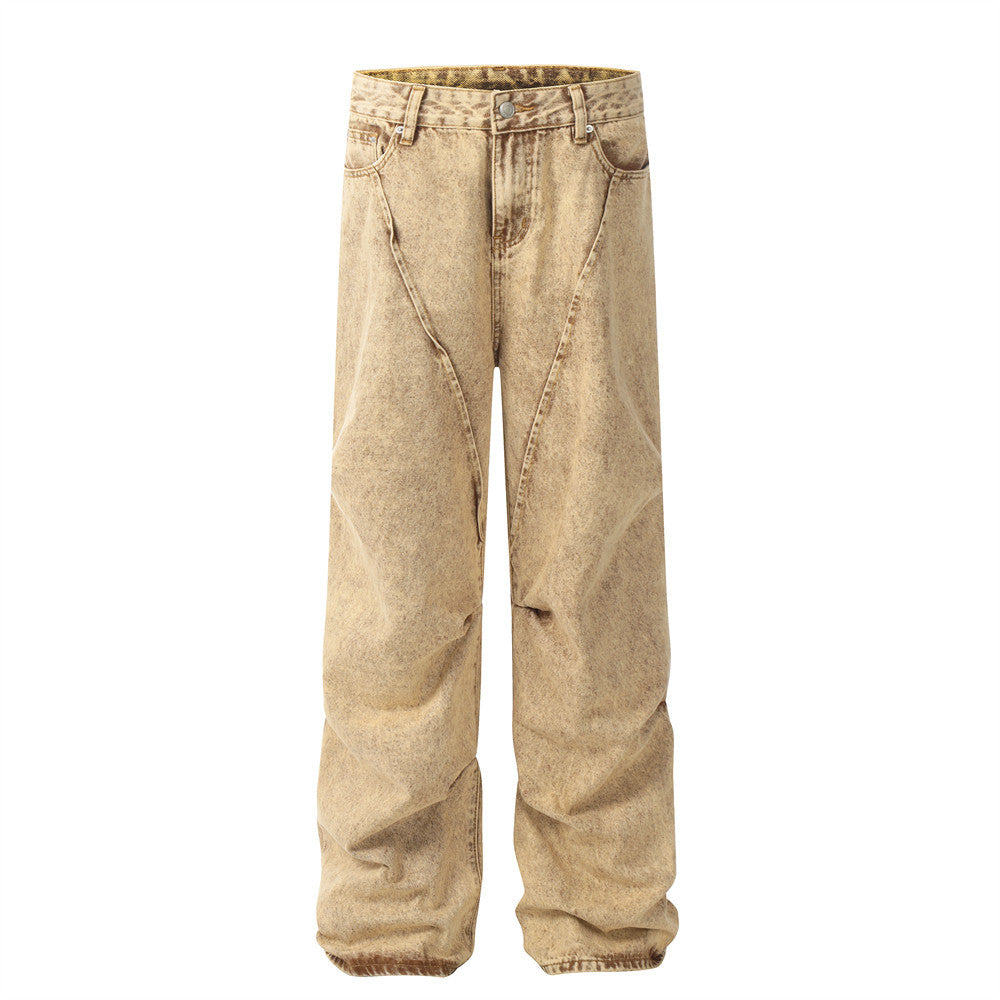 Men Heavy Industry Laundry Vintage Prewashed Yellow Jeans Straight Leg