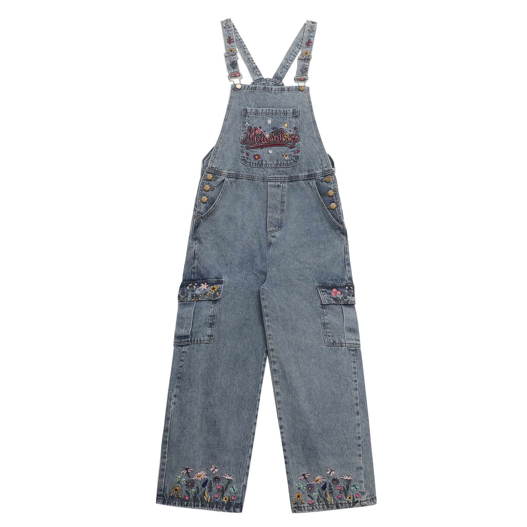 Trendy Washed Floral Letter Embroidery Denim Overalls Unisex High Street Retro Loose Jumpsuit