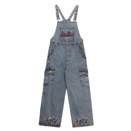 Trendy Washed Floral Letter Embroidery Denim Overalls Unisex High Street Retro Loose Jumpsuit