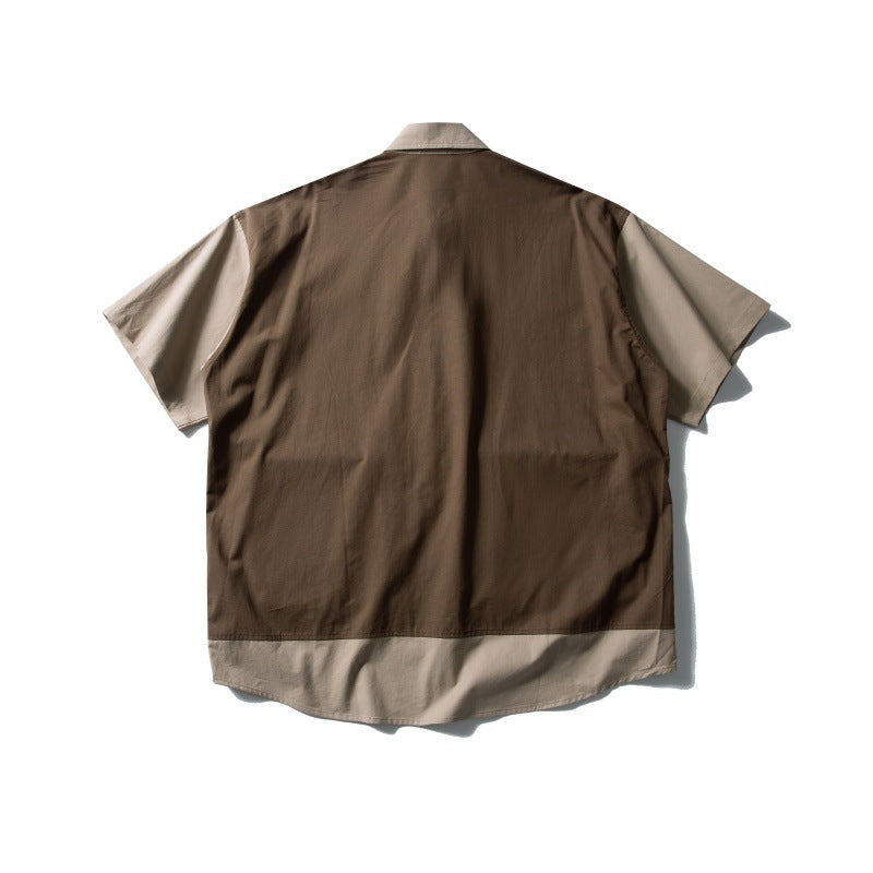 Retro Contrasting Color Splicing Fake Two-Piece Design Loose Workwear Shirt for Men