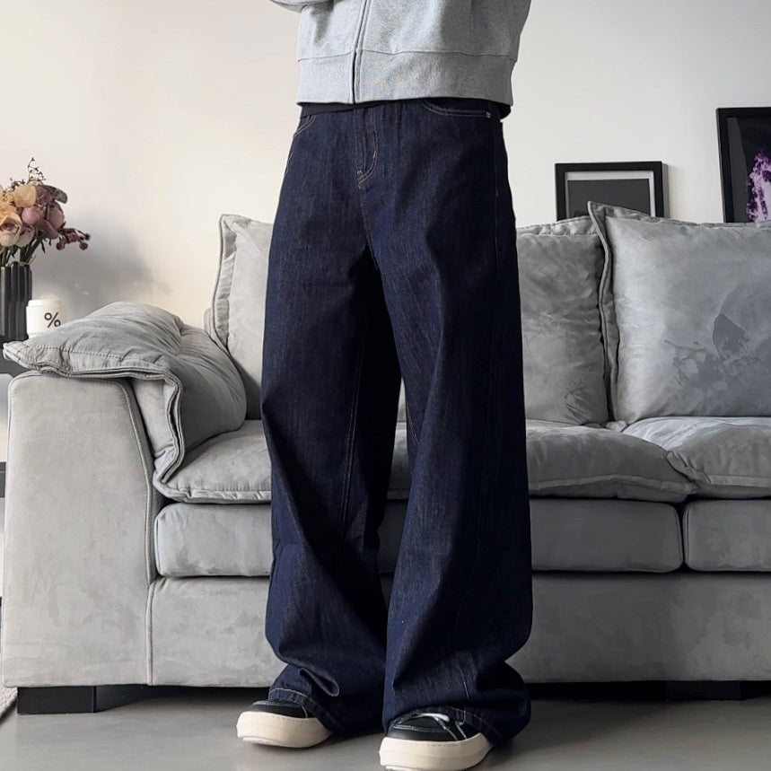 Loose Men's Denim Casual Pants with Relaxed Fit and Floor-Dragging Effect