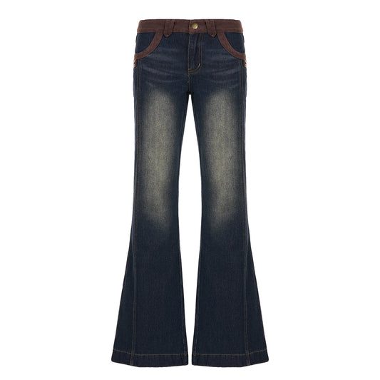 Street Motorcycle Retro Style Patchwork Color Block Flare Denim Pants