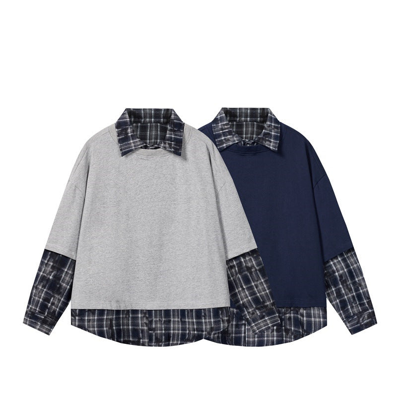 Fake Two Checkered Long Sleeved Casual Shirts for Men and Women