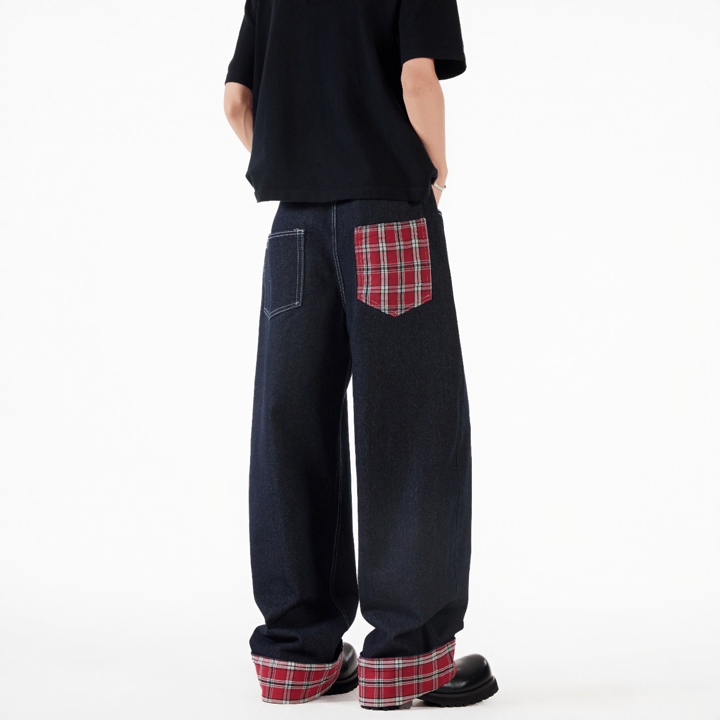 Grid Splicing Rolled Edge Jeans - Straight Leg Loose Pants