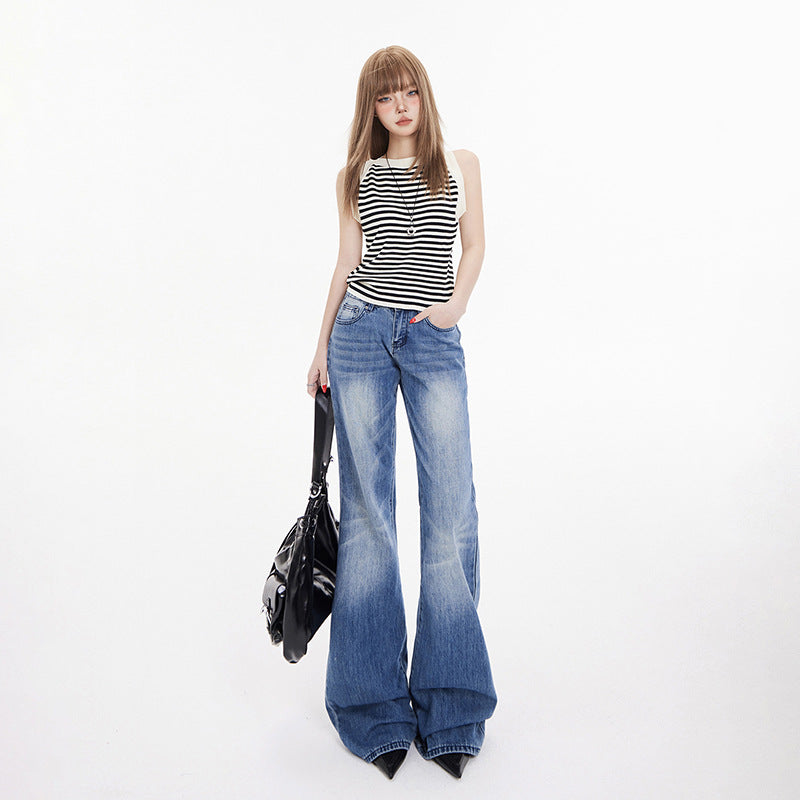 Women's Low Waist Flared Denim Pants - Wide Leg Trumpet Pants