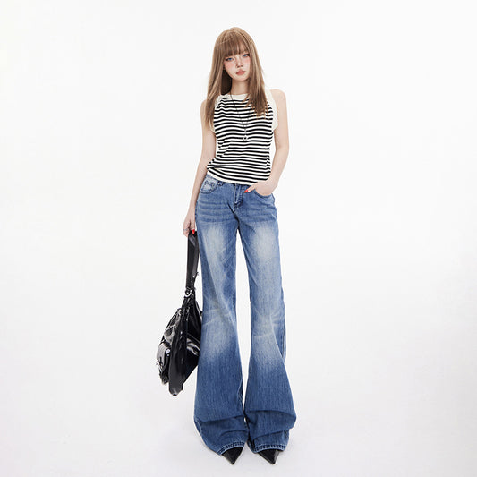Women's Low Waist Flared Denim Pants - Wide Leg Trumpet Pants