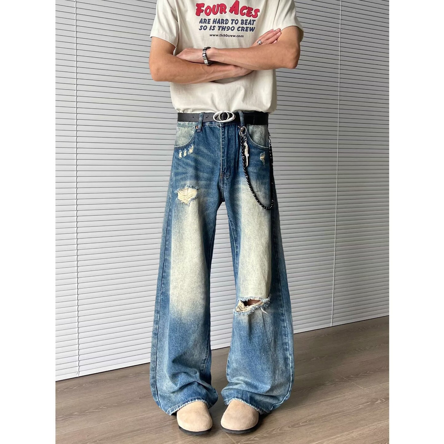 Ripped and Washed Denim Straight Leg Pants