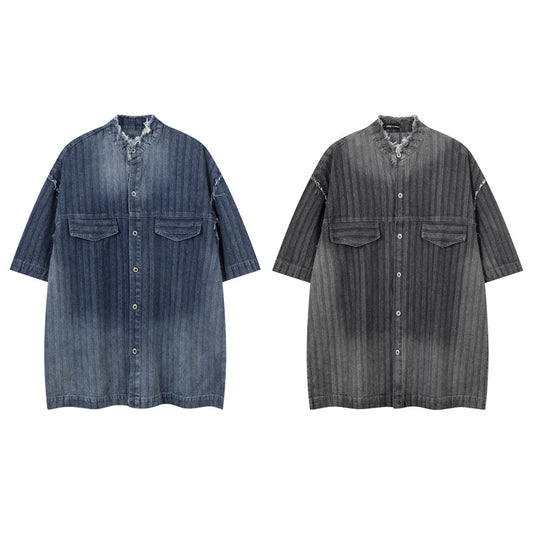 High-End Unique Dark Stripe Vintage Denim Shirt for Men - Short Sleeve with Frayed Hem