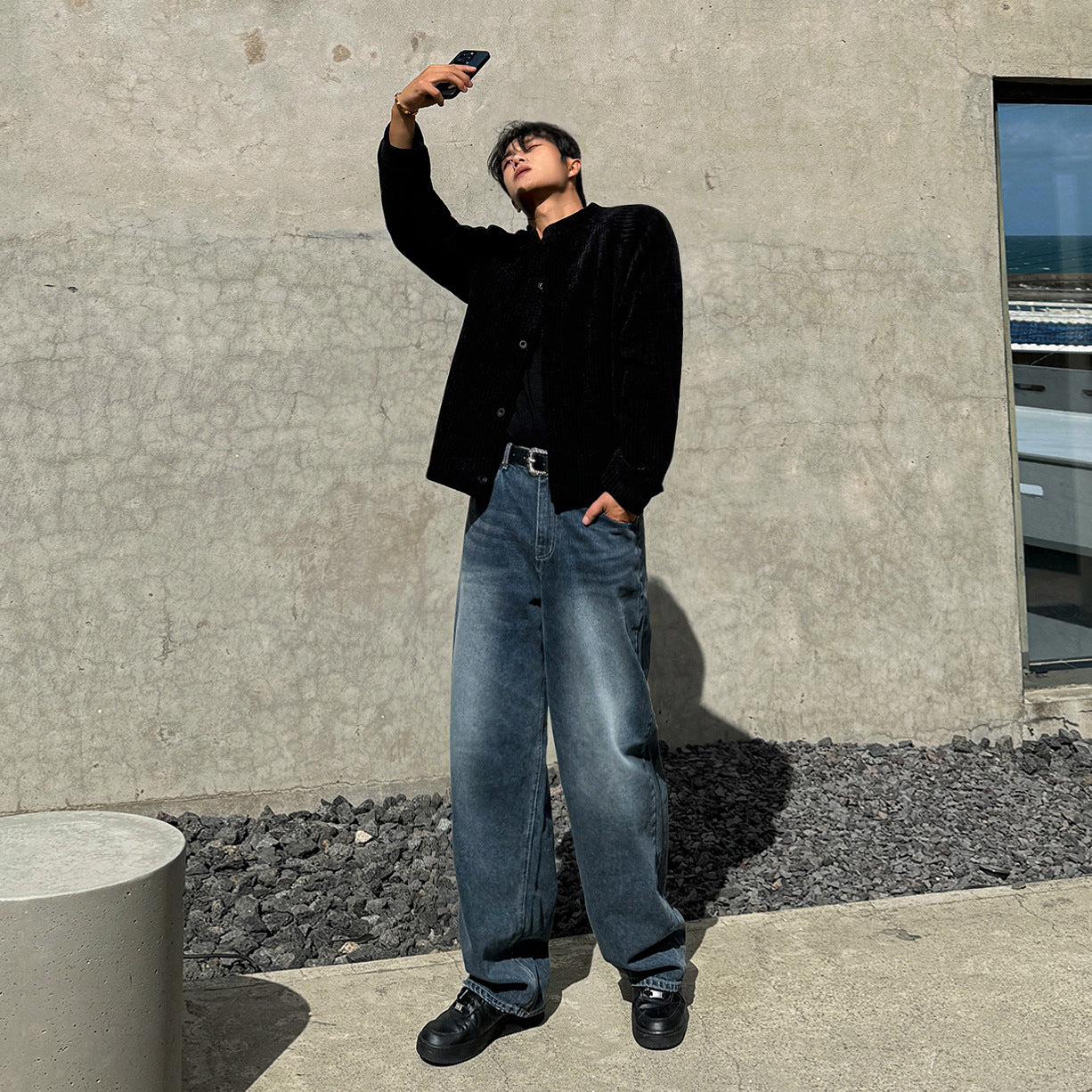 Vintage Denim Pants for Men - Loose Clean Fit Straight Leg Long Trousers Commuter Style Oversized Pants