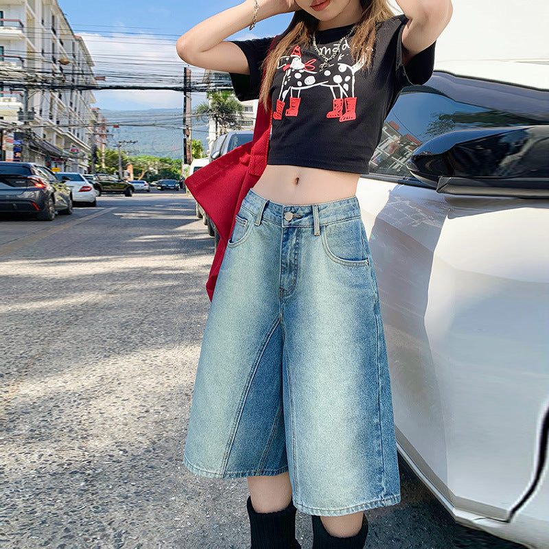 Women's Retro Washed Gradient High Waist Loose Slim Wide Leg Five-Point Shorts