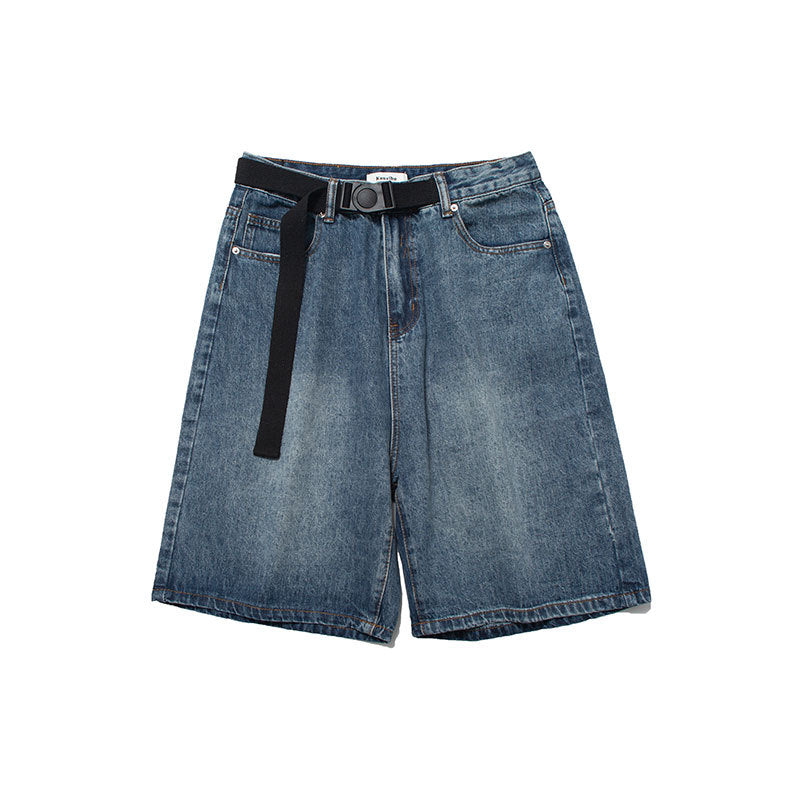 Solid Color Distressed Washed Straight Leg Denim Shorts