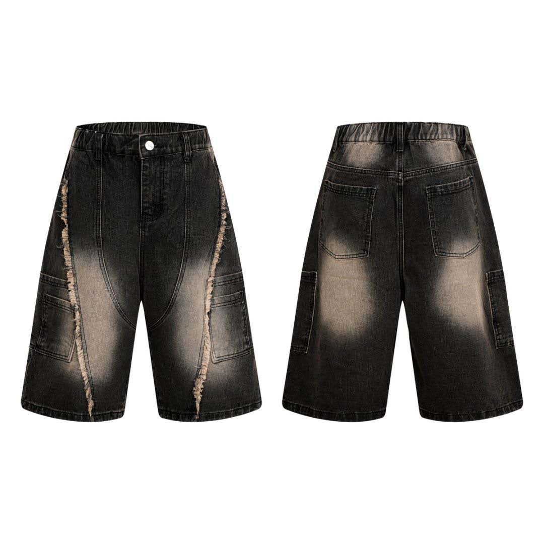 Washed Distressed Patchwork Whisker Pocket Denim Pants - Unisex Loose Fit