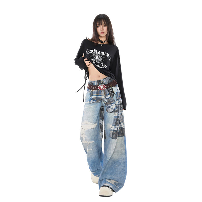 Women's Shirt Belt Printed Denim Straight Leg Trousers