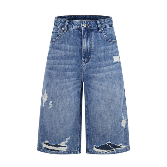 Ripped Blue Denim Shorts — Mid Rise Straight Fit for Casual Street Style