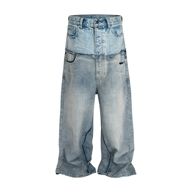 American High Street Design Double Layer Spliced Baggy Denim Trousers for Men