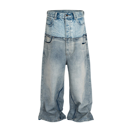 American High Street Design Double Layer Spliced Baggy Denim Trousers for Men