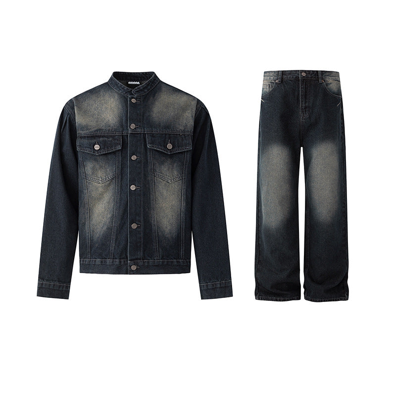 Retro Distressed Wide Leg Jeans Men's Spring Autumn Loose Denim Jacket Commute Fashion Set