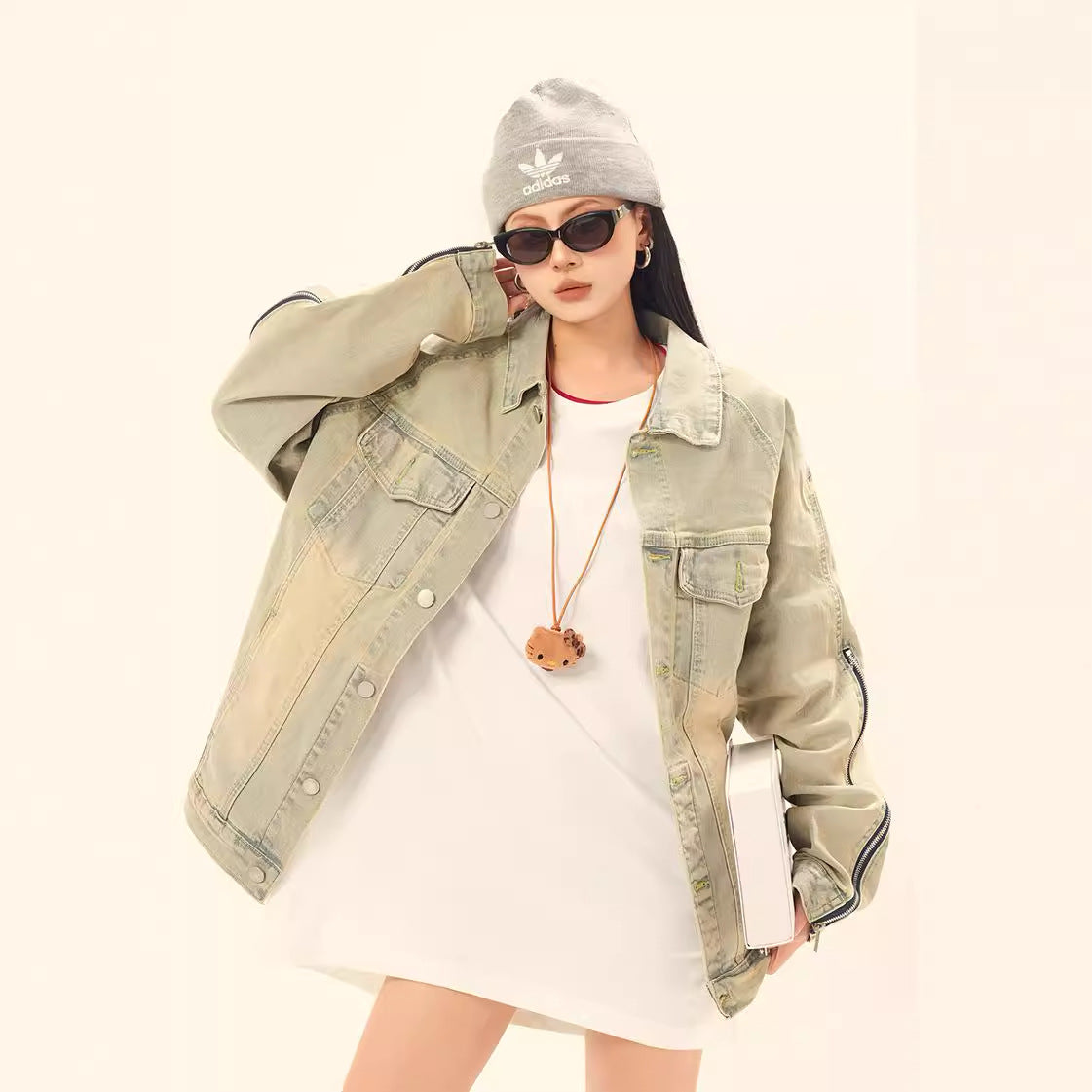 Washed and Worn Solid Color Zipper Denim Jacket